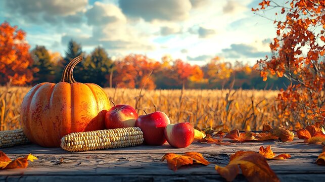 Thanksgiving background With Pumpkins Apples And Corncobs On Wooden Table