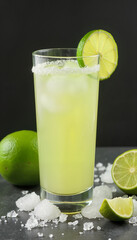 Fototapeta premium Chilled lime cocktail with ice in a glass, garnished with lime slices and salt rim 
