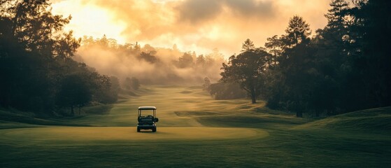 Fototapeta premium Golf cart on a green course with morning fog and sunrise.