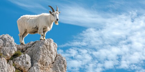 Obraz premium A majestic goat stands proudly atop a rocky cliff, silhouetted against a bright blue sky with fluffy clouds.