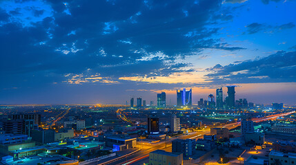 Twilight cityscape featuring illuminated skyscrapers and bustling traffic, capturing the vibrant energy of urban life as day transitions into night.