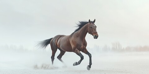 Obraz premium A majestic horse gallops through a misty landscape, showcasing strength and grace against a serene backdrop.