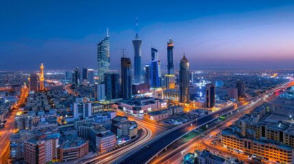 Fototapeta premium Twilight cityscape featuring illuminated skyscrapers and bustling traffic, capturing the vibrant energy of urban life as day transitions into night.
