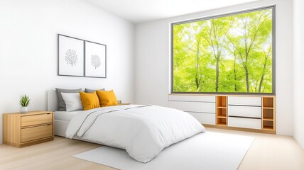 Fototapeta premium Small minimalist bedroom with large window, built-in storage, white and light grey color palette, natural wood accents, cozy yet sleek design, high-quality architectural shot