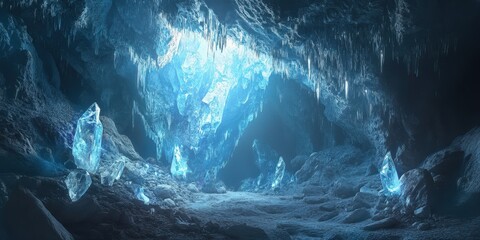 A mesmerizing icy cave filled with crystal formations and ethereal blue light, creating a serene winter wonderland atmosphere.