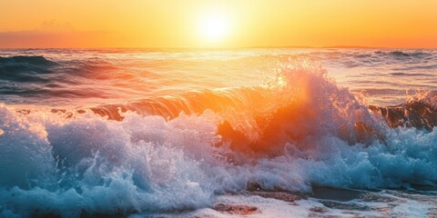 Fototapeta premium A mesmerizing sunset over the ocean, with vibrant waves highlighting the beauty of nature and tranquility of coastal landscapes.