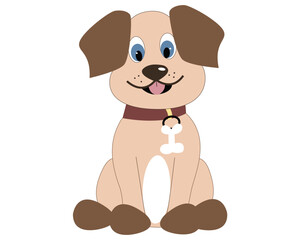 Vector happy cartoon puppy sitting, cute little dog wearing collar isolated on white background.