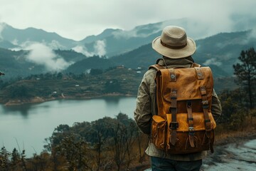 Man with Backpack Admires Misty Mountain Landscape