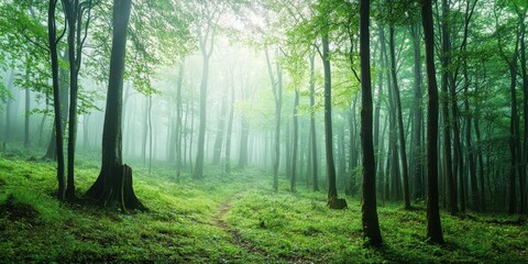 Obraz premium A serene forest scene with lush greenery and soft mist, inviting tranquility and natural beauty to every viewer.