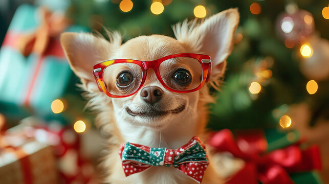 cute chihuahua dog with stylish fasioned glasses smile and joyful with christmas tree decorating and colorful present gift box festive concept