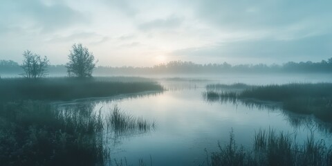 A serene landscape at dawn, featuring a misty river surrounded by lush greenery and soft light reflecting on the water surface.