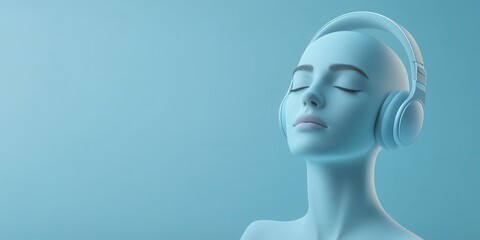 A serene mannequin with headphones, immersed in music against a soothing blue background, evoking relaxation and tranquility.