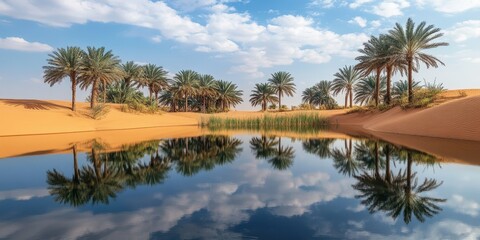 Fototapeta premium A serene oasis in a desert, featuring palm trees reflecting in calm water under a vivid sky, showcasing nature's beauty.