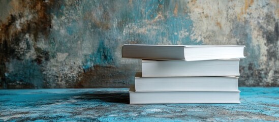 Stack of four blank white books on a blue textured background.