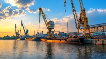Obraz premium Dnieper river cargo port cranes
