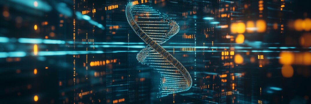DNA helix with glowing data streams in digital environment - Powered by Adobe