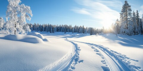 Obraz premium A serene winter landscape featuring snow-covered ground, pine trees, and a bright sun shining in a clear blue sky.