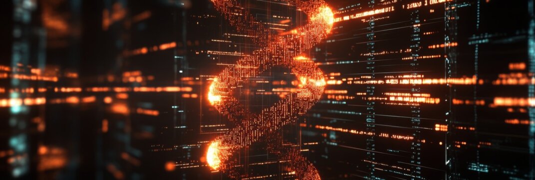 DNA helix surrounded by digital data streams