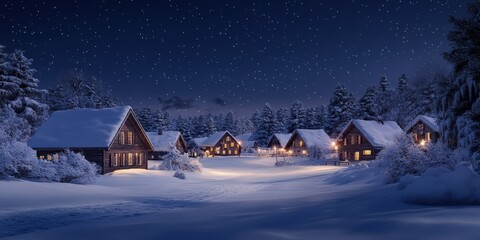 A serene winter village at night, with cozy cabins illuminated by warm lights amidst a blanket of snow under a starry sky.