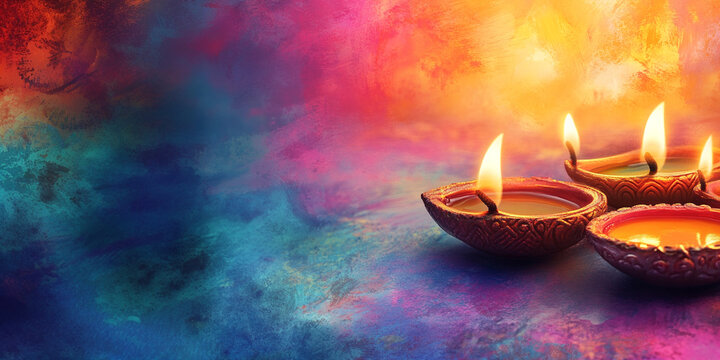 Lit diya traditional oil lamp on colorful background. Deepavali, Diwali. Hindu festival of lights. Template with copy space for greeting card, banner, poster for Indian .