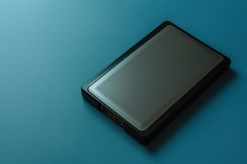 Portable external hard drive placed on a blue surface during afternoon light
