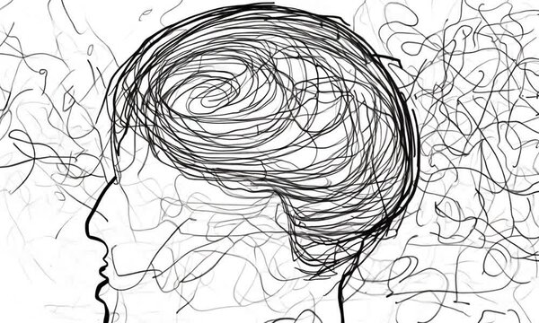 Scrambled complicated abstract thoughts and human head with messy lines on white background