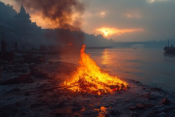 Traditional Hindu Funeral Pyre on the Banks of River Ganges at Varanasi Ghat during Sunset