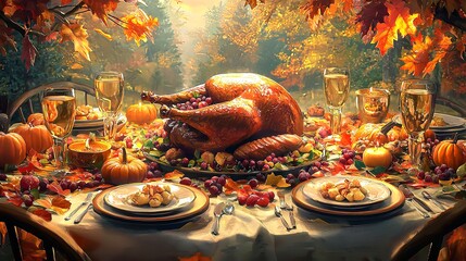 Festive Thanksgiving dinner table with roasted turkey, side dishes, and fall decorations, creating a warm holiday atmosphere.