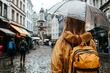 Woman in Yellow Raincoat Walking in a European City