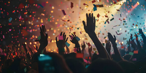 Crowd of people dancing at music concert. Rock festival with silhouettes of hands, explosion of colorful confetti and light show. New year party in night club. Concept of fun and energetic nightlife.