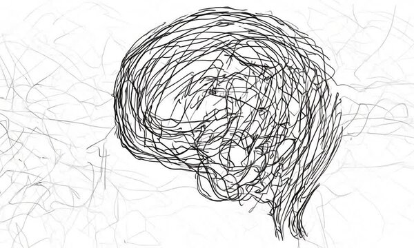 Scrambled complicated abstract thoughts and human head with messy lines on white background