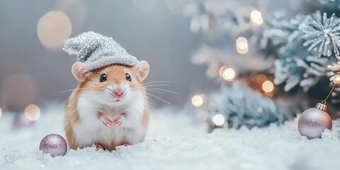 A cute domestic rat/ hamster/mouse in a christmas hat, sitting on the ground, against an Christmas with silver decor, and a tree with minimalist decoration in white and greyish violet elements 
