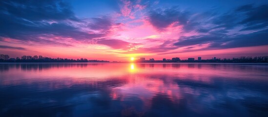 Fototapeta premium Vibrant pink and blue sunset sky reflected on a calm lake with distant cityscape silhouetted on horizon.