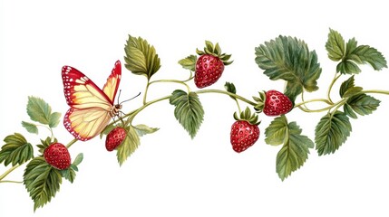 Strawberries branch, butterfly.