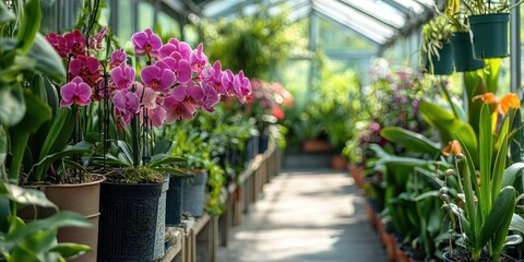 Obraz premium A vibrant greenhouse filled with colorful orchids and lush greenery, creating a serene and inviting atmosphere for plant lovers.