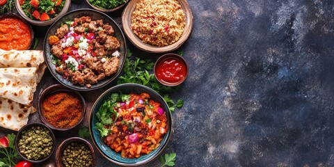 Fototapeta premium A vibrant spread of delicious dishes featuring colorful ingredients, perfect for culinary inspiration and food styling.