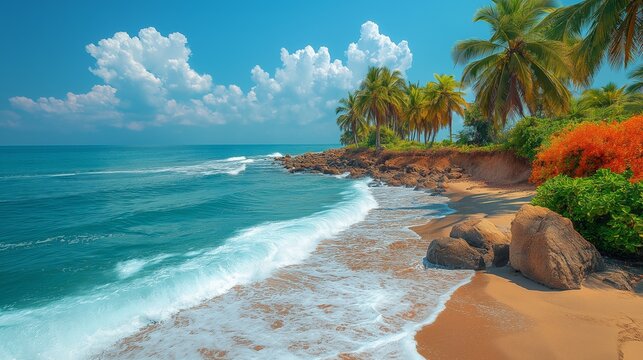 Indian Beach with palm trees, clear blue water, and vibrant greenery