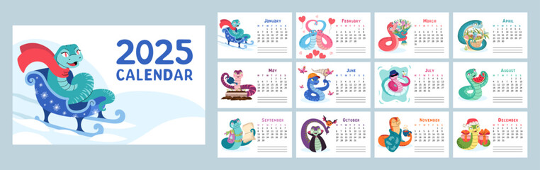 2025 calendar with cute snake vector illustrations for each month. 12 horizontal pages with Chinese New Year symbol. Colorful and playful snake characters representing different seasons and holidays.