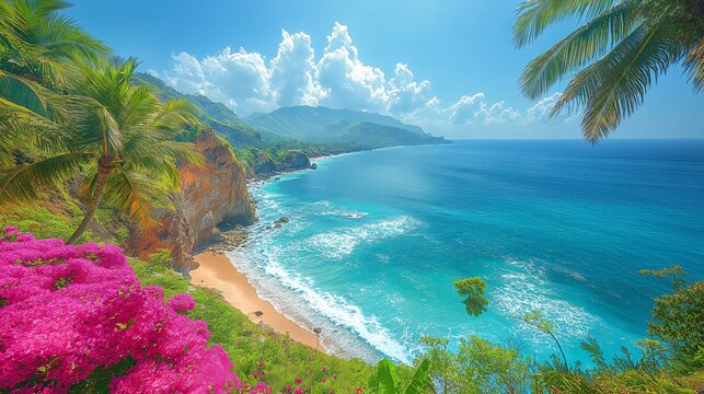 Scenic Indian Beach with vibrant flowers, palm trees, and rocky cliffs