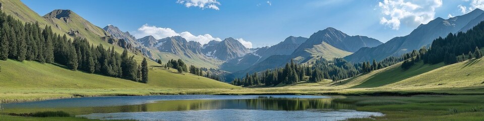 A beautiful mountain landscape with a lake in the foreground. The lake is surrounded by trees and mountains, creating a serene and peaceful atmosphere. Concept of tranquility and natural beauty