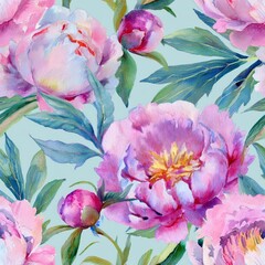 Seamless pattern with peonies on a green background.