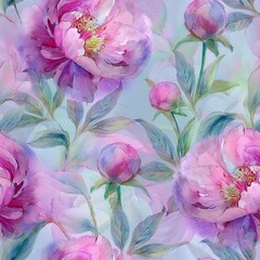 Seamless pattern with peonies on a green background.