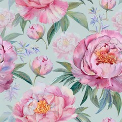 Seamless pattern with peonies on a green background.