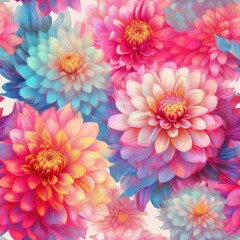 Seamless pattern with dahlias and their buds and leaves.