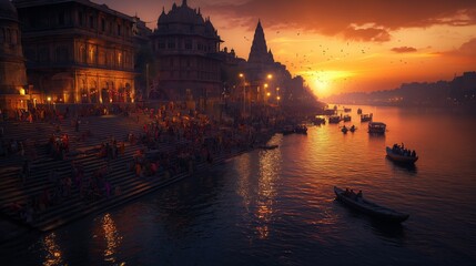 Fototapeta premium Evening Scene at Varanasi Ghats on the Ganges River with Boats and Crowd