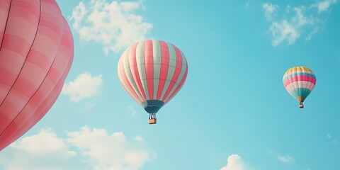 Fototapeta premium Colorful hot air balloons drifting in a bright blue sky, creating a serene and joyful atmosphere.
