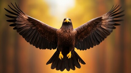 Obraz premium Majestic eagle soaring with wings spread wide in a forest setting.