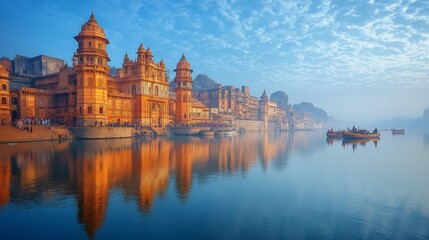 Golden Reflection of Temples at Varanasi Ghats on the Calm Ganges River