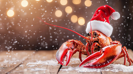 Fresh red lobster with christmas hat shellfish cooked in the seafood restaurant - Steamed lobster dinner food on wooden christmas table setting with snow celebrate in holiday winter festive