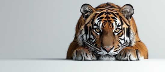 A tiger with orange and black stripes lays its head on a white surface with its paws in front of it.